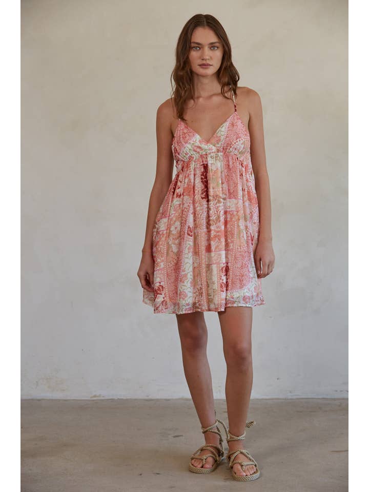 Coral Multi L7282 | Woven Rayon Nylon Floral Print Flare Mini Dress for wholesale on Faire