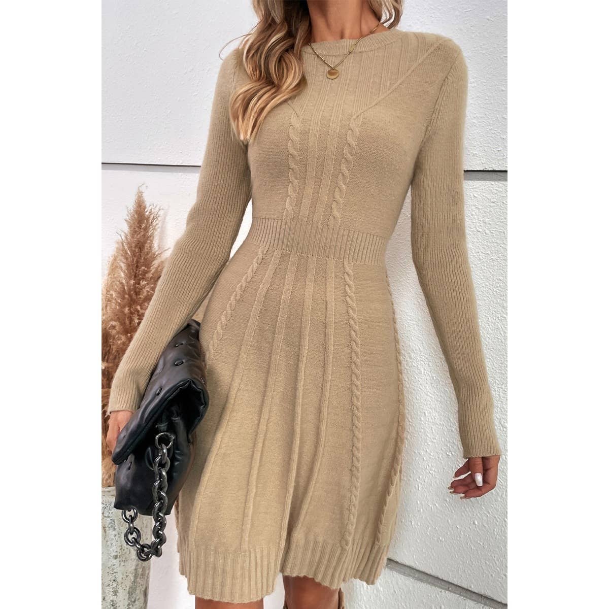 khaki Knit Cross Strip Self Fit Solid Sweater Dress for wholesale on Faire3