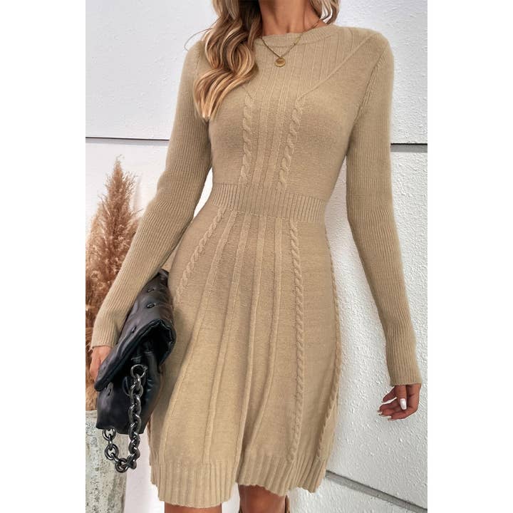 khaki Knit Cross Strip Self Fit Solid Sweater Dress for wholesale on Faire3