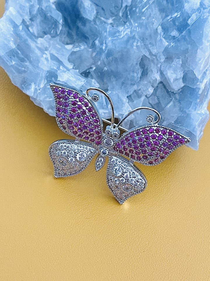BELLORA - Purple Blue Butterfly CZ Brooch Pin In Silver for wholesale by JohnnyB Jewelry