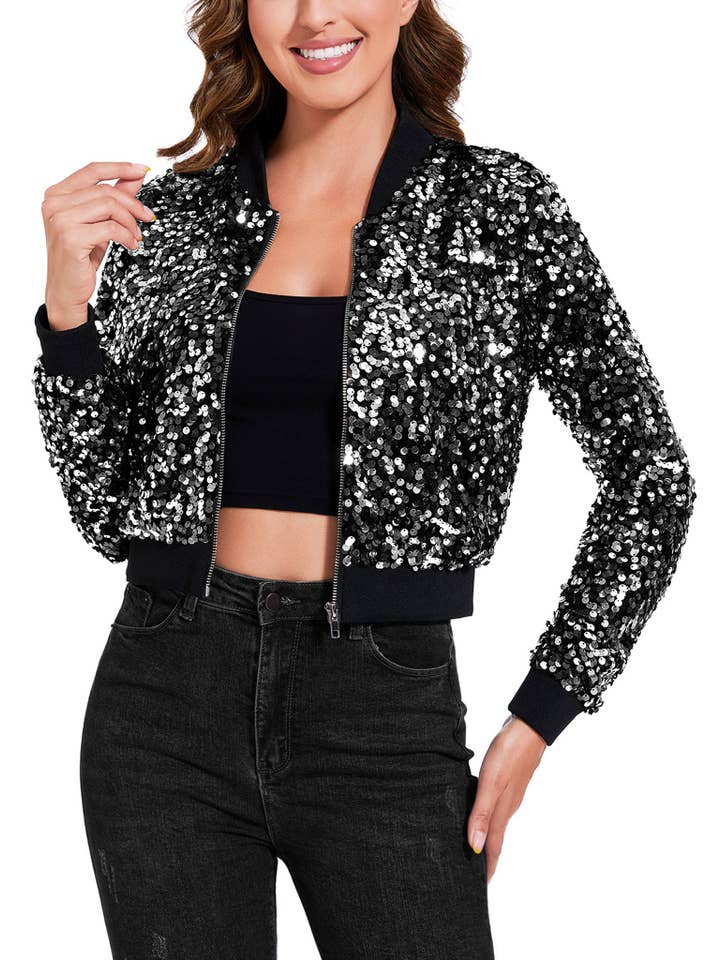 Anna Kaci Wholesale - Wholesale Bomber Jacket - Women's - Sparkly Sequin Cropped Jacket Party Bomber