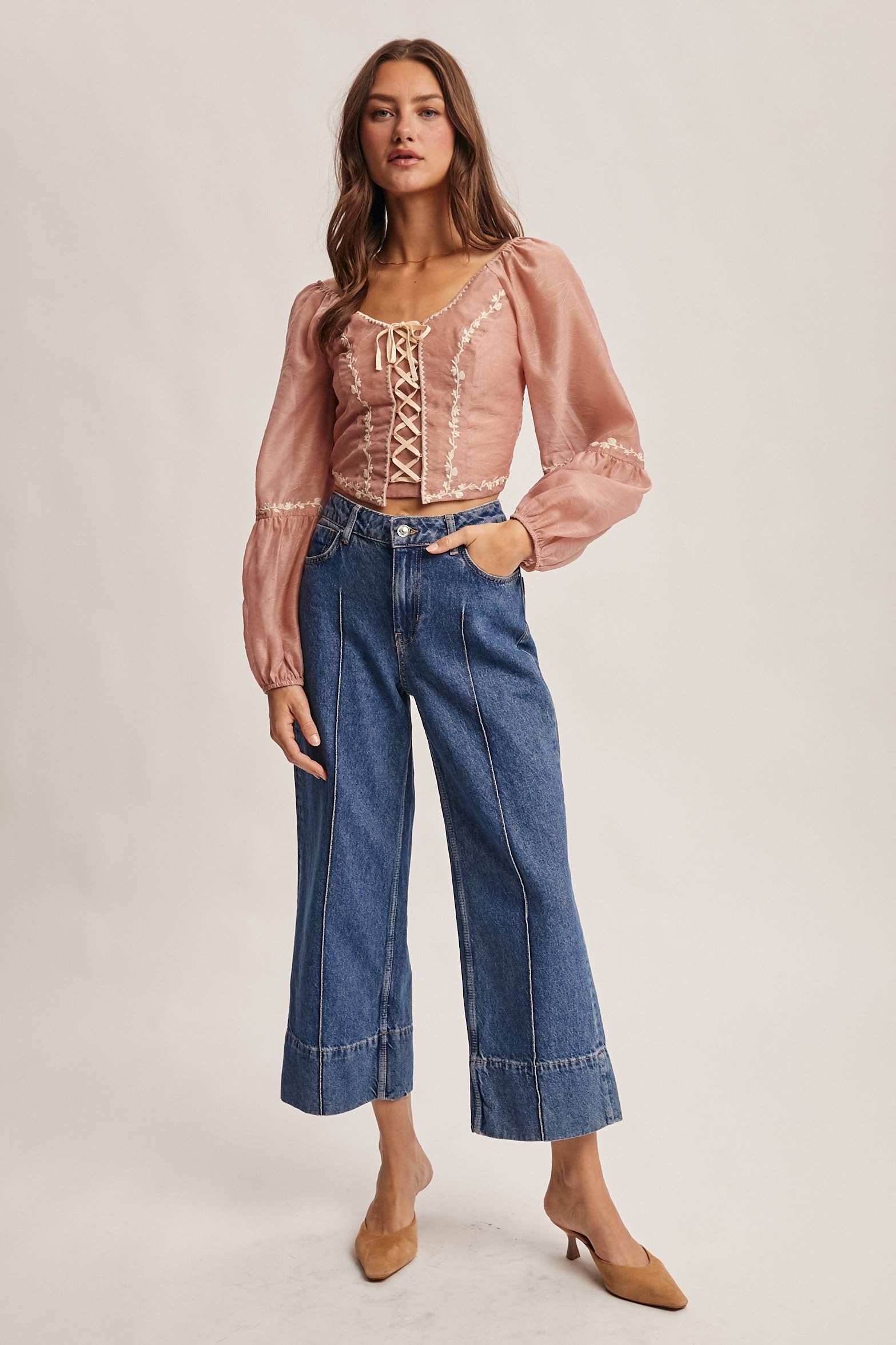 Forte - Wholesale Blouse - Women's - Lace-Up Embroidered Puff Sleeve Top FT0007 10