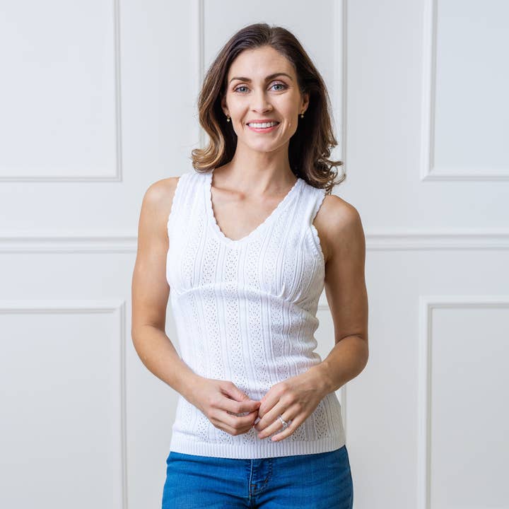 White Pointelle Empire Sweater Tank for wholesale on Faire