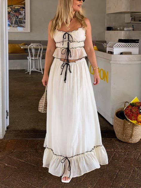 Rosa Clothing - Wholesale Top & Skirt Set - Women's - Suspenders Bow Top Pleated Skirt Set2