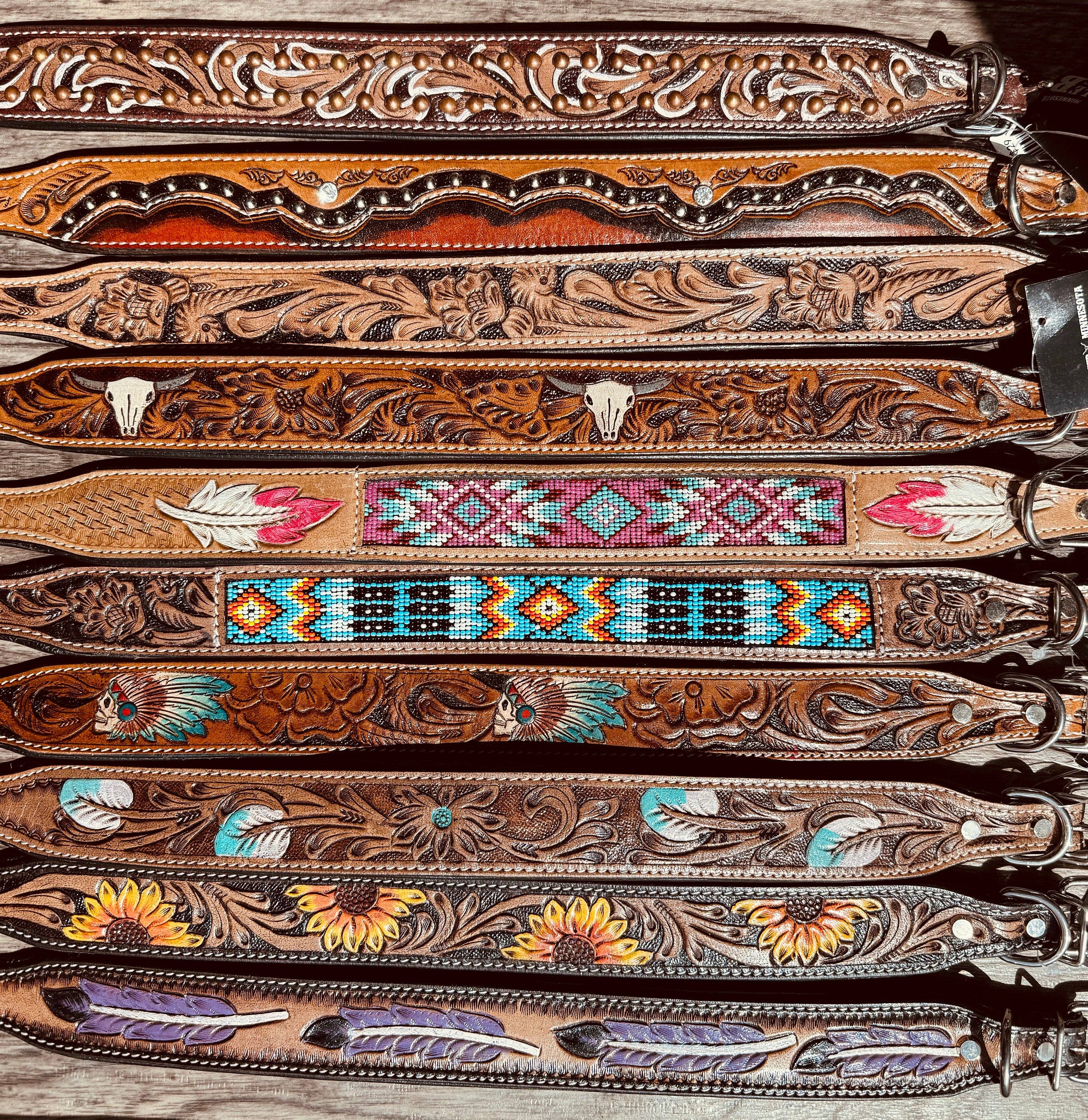 Double B Wild Rags - Wholesale Pet Collar - Dog - Western leather dog collar tooled or beaded details skull sunflower feather rhinestone by Double B Wild Rags1