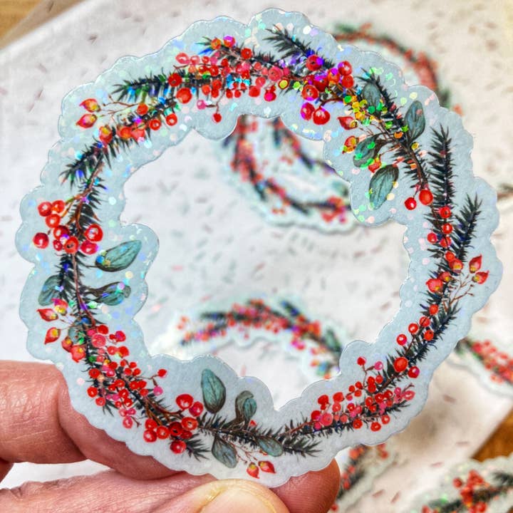 Christmas Wreath and Berries Waterproof Sticker for wholesale by stickersbyjodi