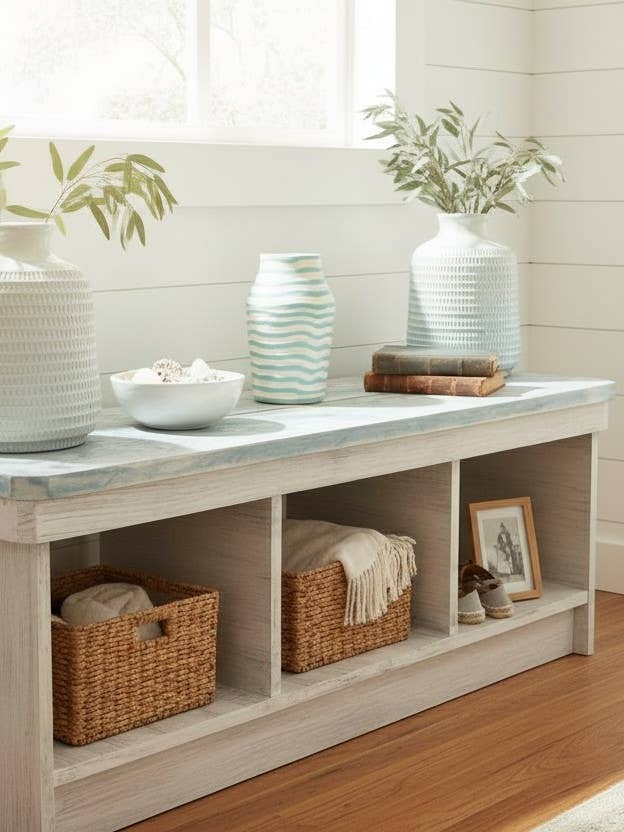 Coastal Slate Blue Console Bench with Open Storage for wholesale by Coast Lamp Mfg