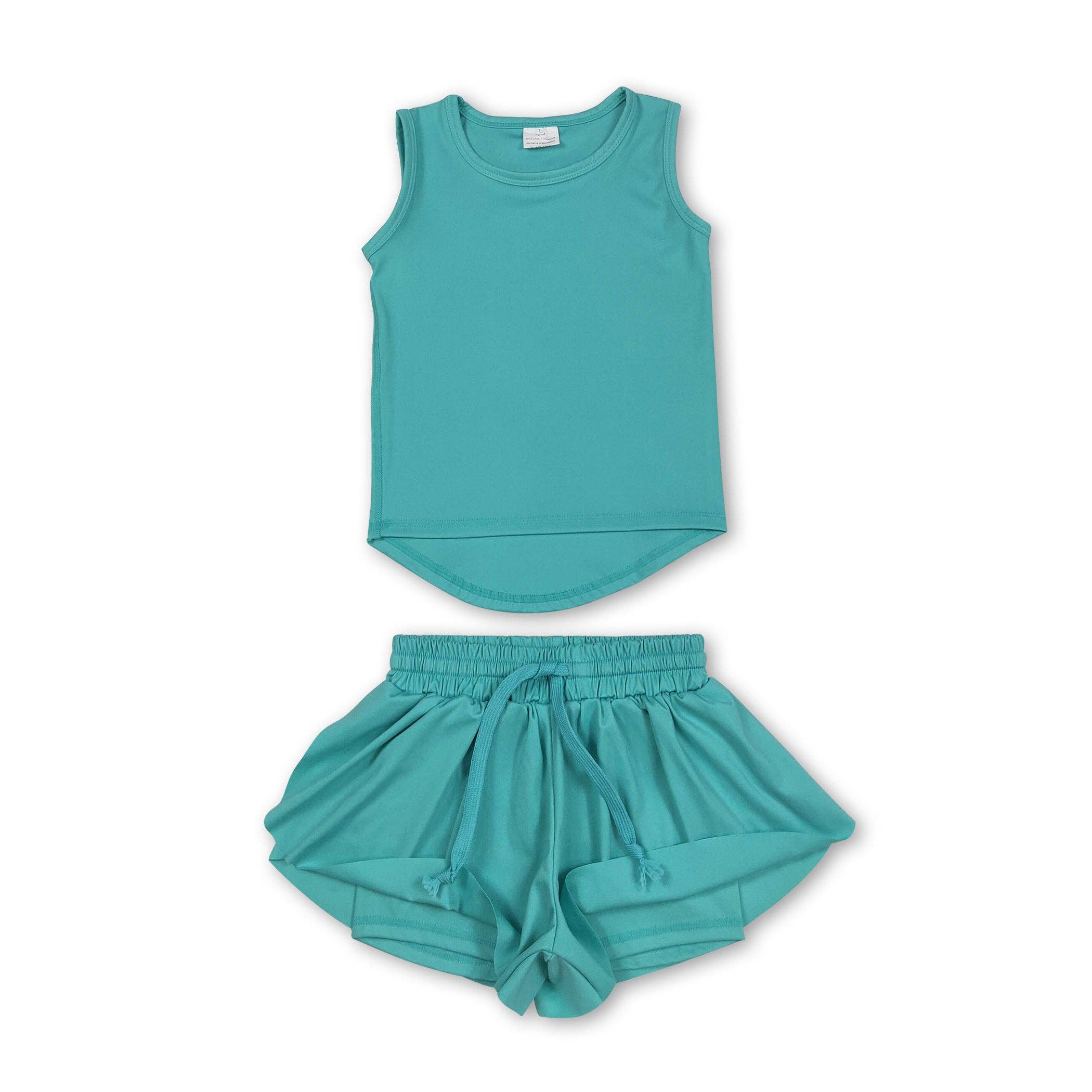 Yawoo Garments - Wholesale Activewear Set - Kids - Teal sleeveless top shorts kids girls activewear set1