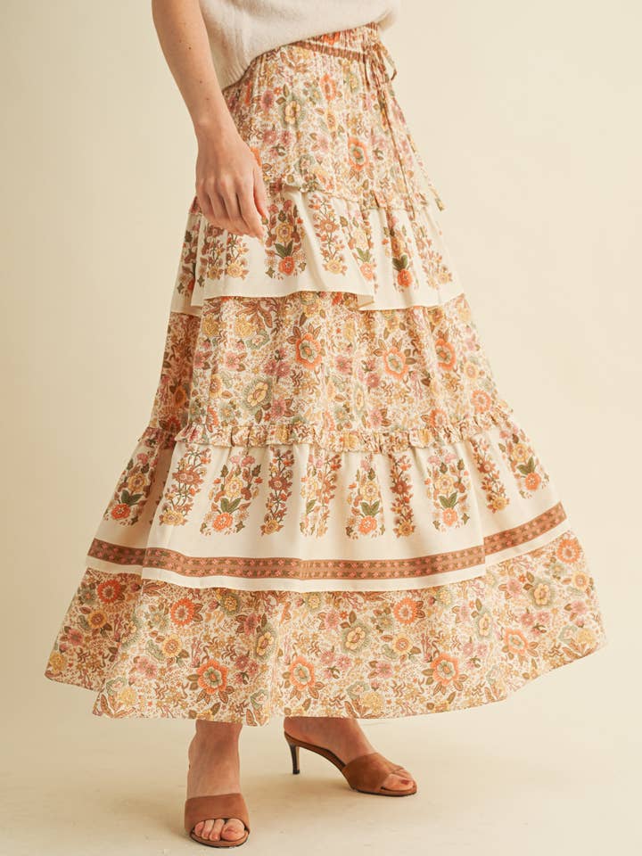 &MERCI - Wholesale Skirt - Women's - RUFFLE TIERED BORDER PRINT MIDI SKIRT MSK41663