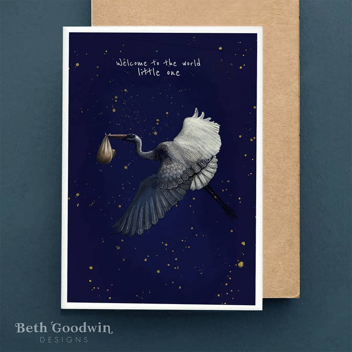Nytt Baby Stork-kort | Babykort | Baby shower gratulationskort för wholesale av Beth Goodwin Designs