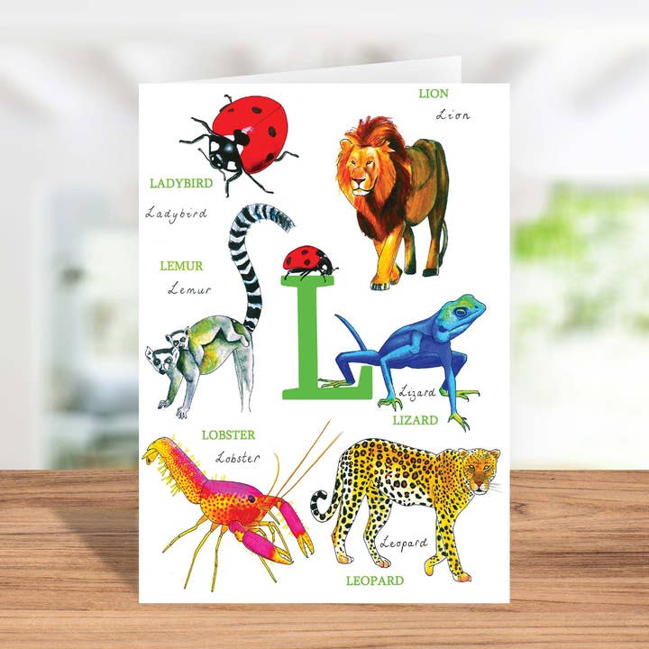 Carta Animal Alphabet L per la vendita all'ingrosso da parte di Sarah Gregory Designs