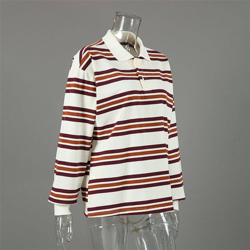 Color Block Striped Polo Collar Long Sleeve T-Shirt for wholesale on Faire6