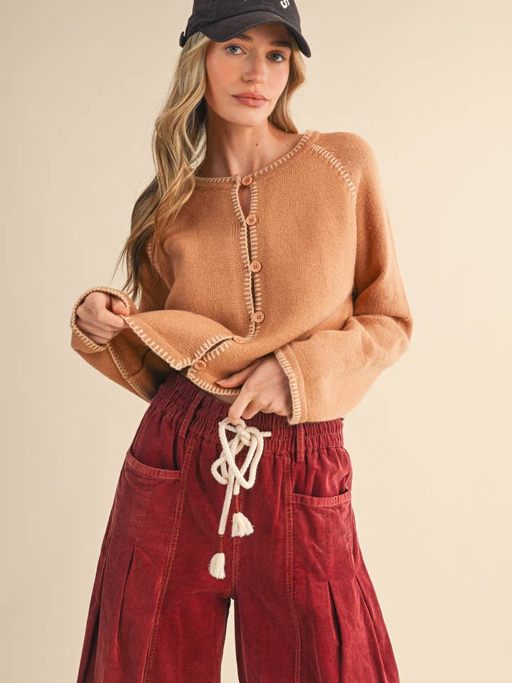 &MERCI - Wholesale Cardigan - Women's - CONTRAST BLANKET STITCH SWEATER CARDIGAN MSW1119673