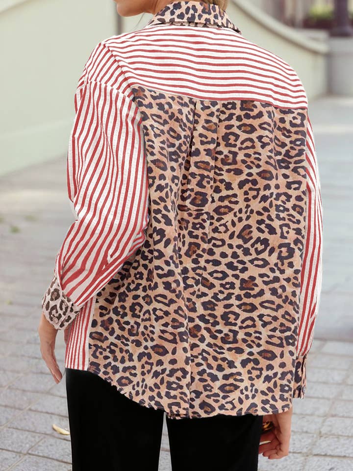 1 the Woman - Wholesale Button Down Shirt - Women's - Wildly Chic Contrast Leopard & Stripes Button Up Blouse5