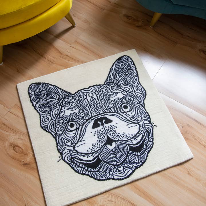 Lyxiga mattor, Frenchie svart & vit, handgjord i silkesull för wholesale av Everest Pet Supply & Gifts