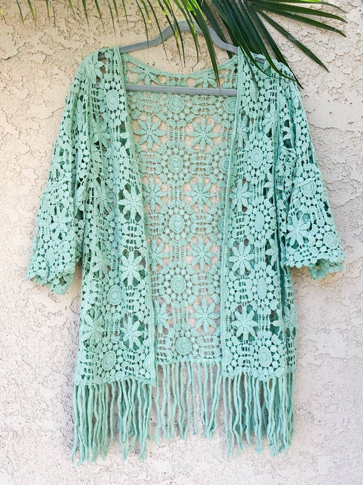 Sage Floral Crochet 3/4 Sleeve With Tassel Kimono for wholesale on Faire6