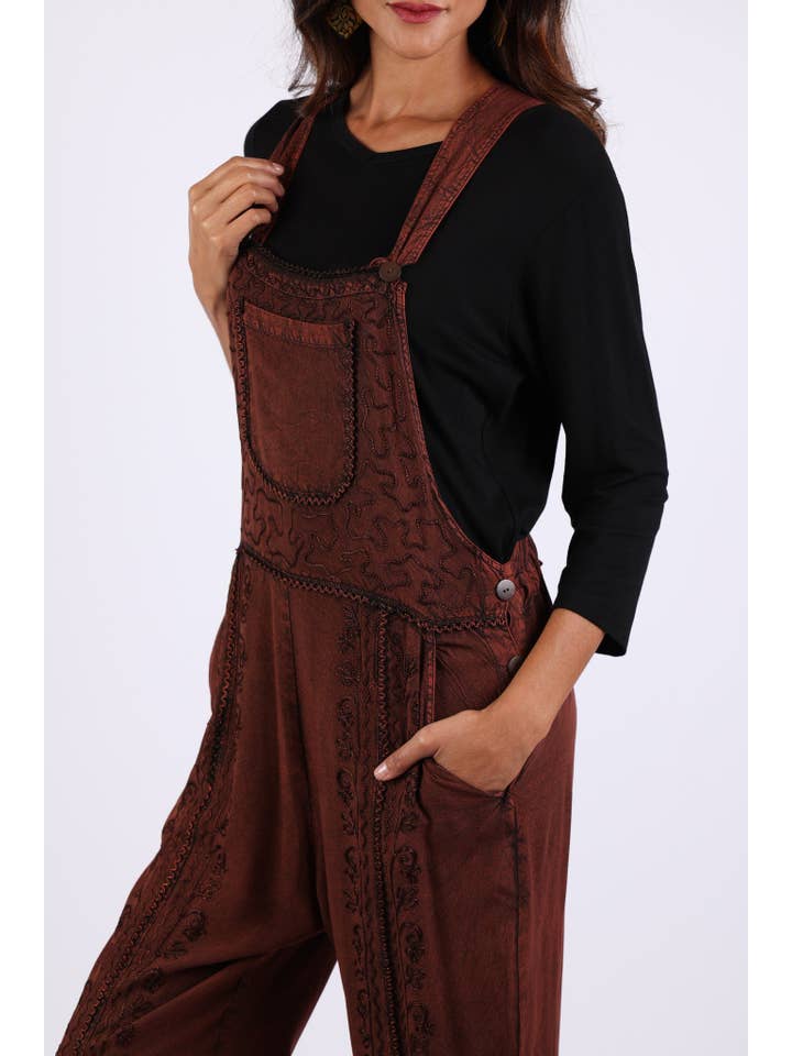 Sacred Threads - Wholesale Overalls - Women's - Stonewashed Boho Embroidered Overalls: Fall Colors7