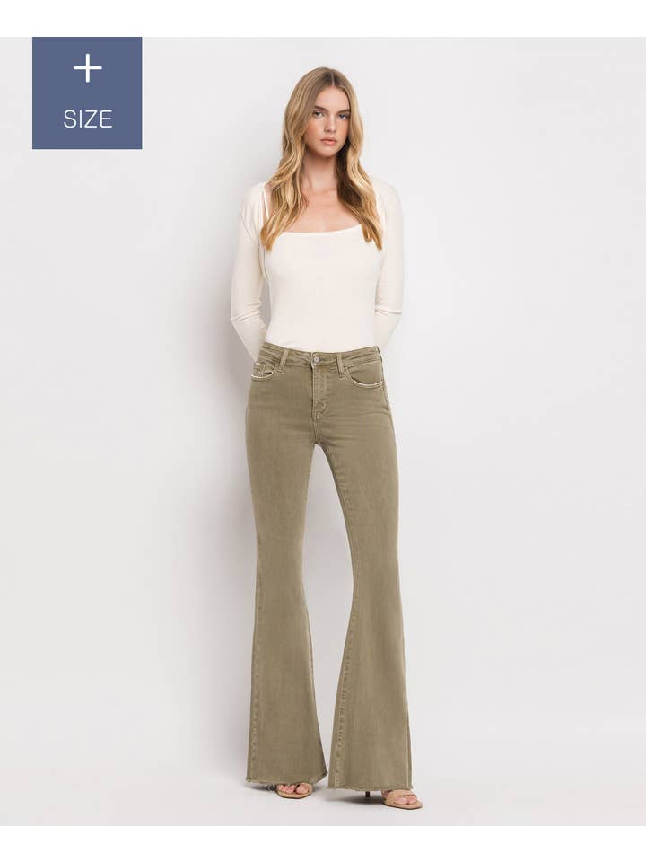 COVERT GREEN PLUS SIZE HIGH RISE SUPER FLARE JEANS V3084CG-P for wholesale on Faire