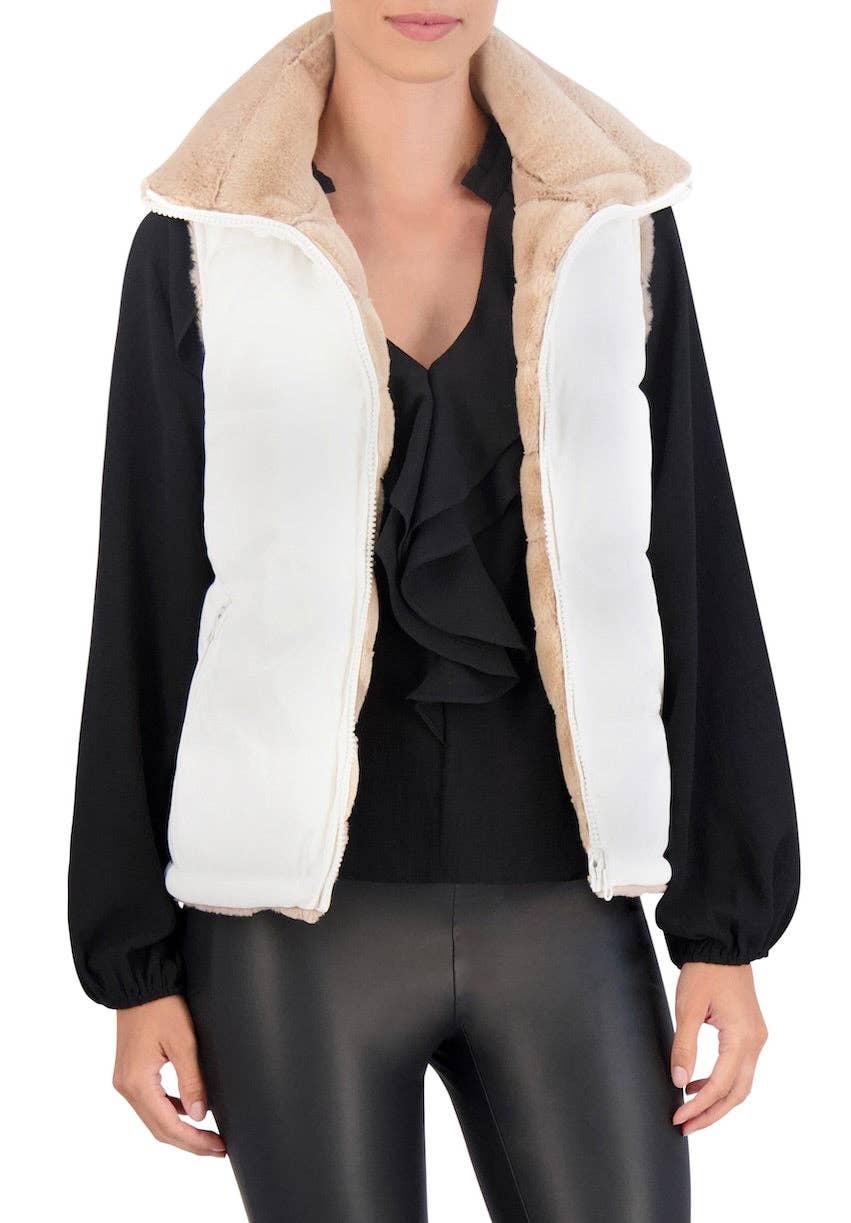 Ivory Carbon Puffer Vest Reversible to Grooved Faux Fur for wholesale on Faire3