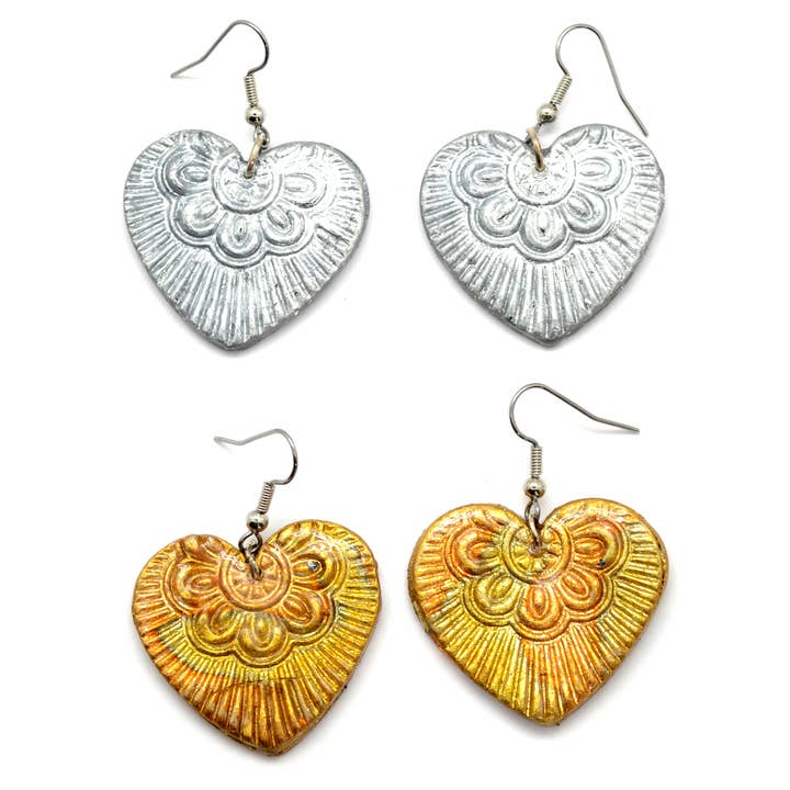 Metallic Ceramic Heart Dangle Earrings - Fair Trade Verified for wholesale by Dunitz & Company