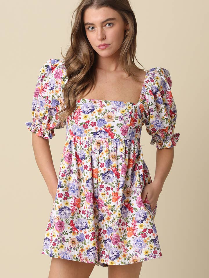 Rosalie Blommig Puffärm Romper för wholesale av Olivaceous