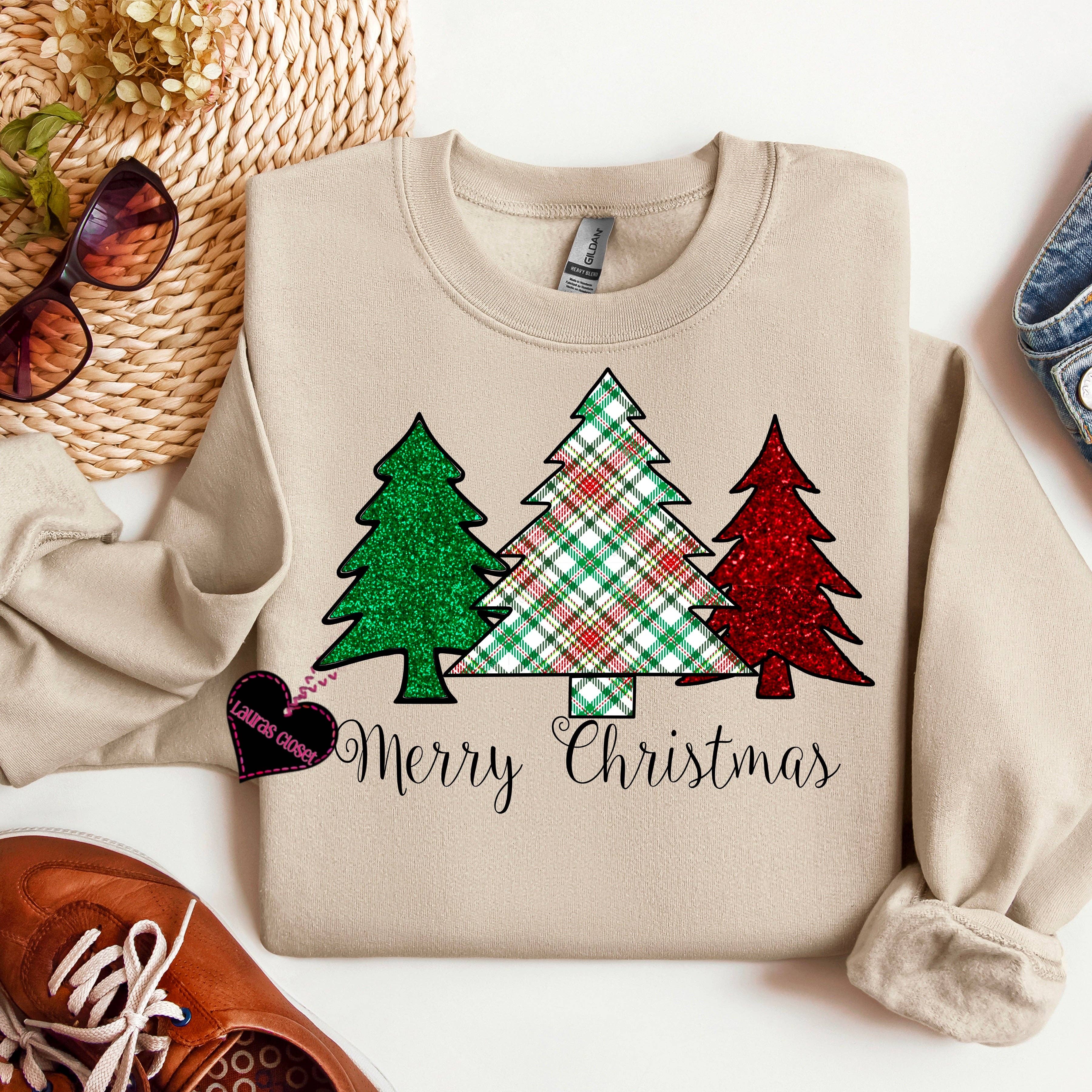 Lauras Closet – Engroshandel T-shirt med print - Dame – Plaid Glædelig Jul træer - Grafisk T-shirt0