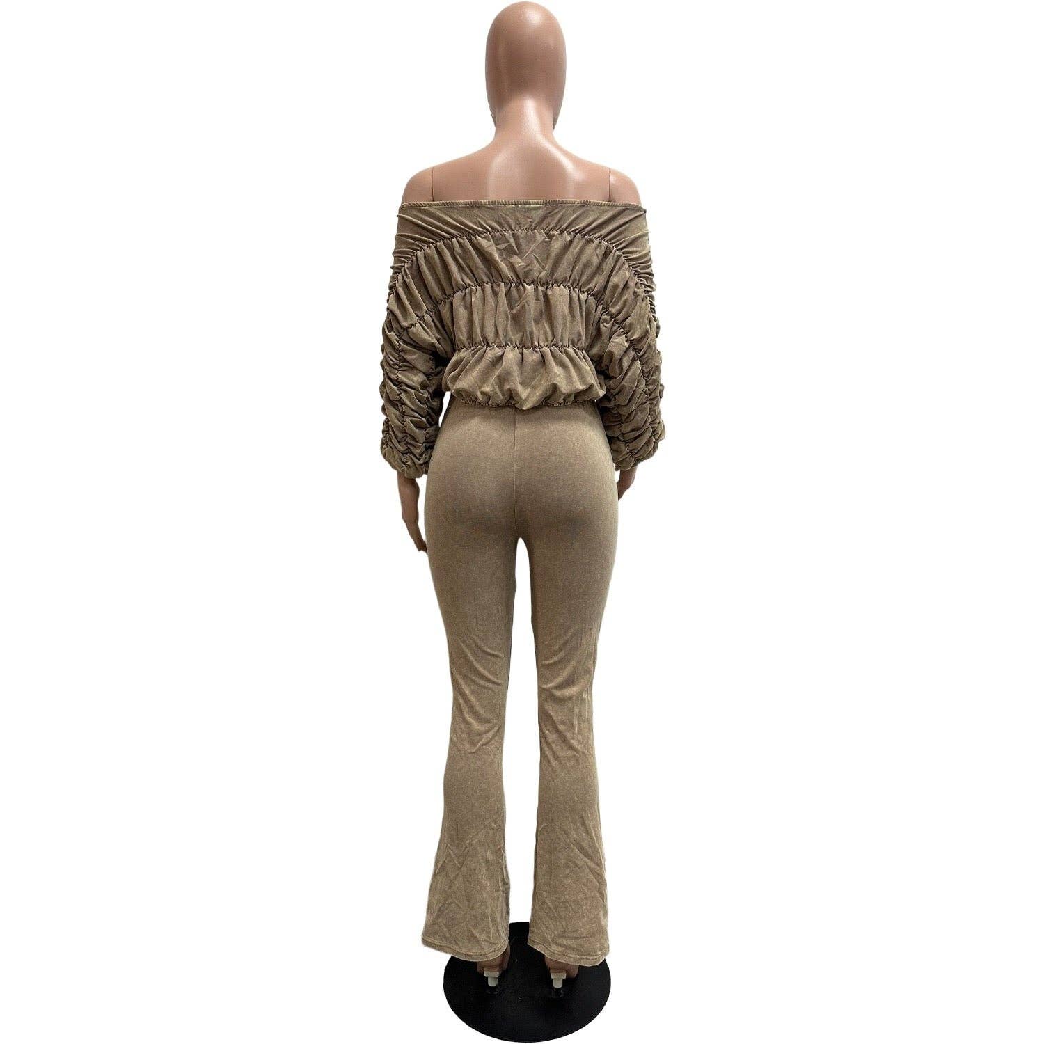 MB Fashion Wholesale - Wholesale Top & Pant Set (NOT Loungewear) - Women's - MB FASHION Ruched Off-Shoulder Top & High-Waist Flared Pants Set 953218