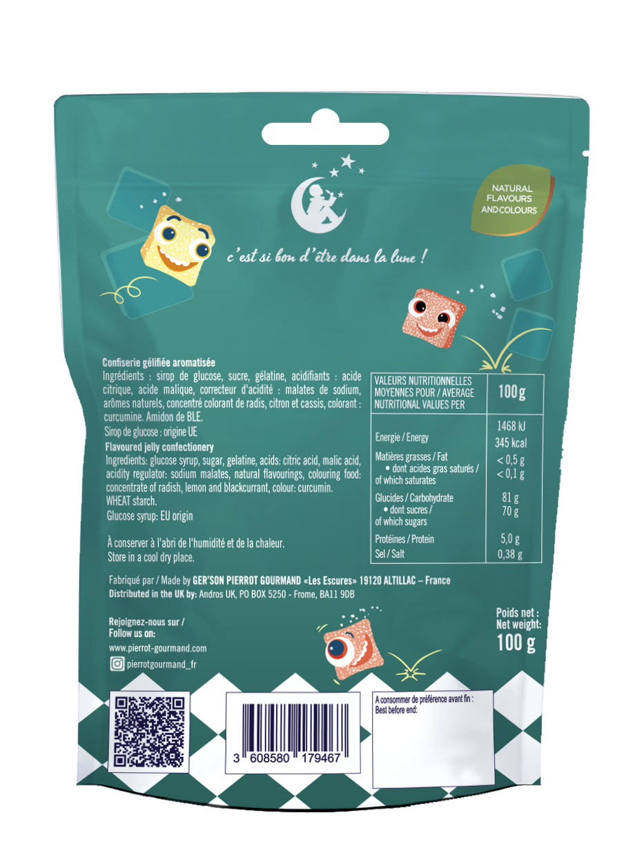 Pierrot Gourmand – Großhandel Weingummi – Wiederverschließbare 100-g-Tüte Cubicks Fruchtgummi2