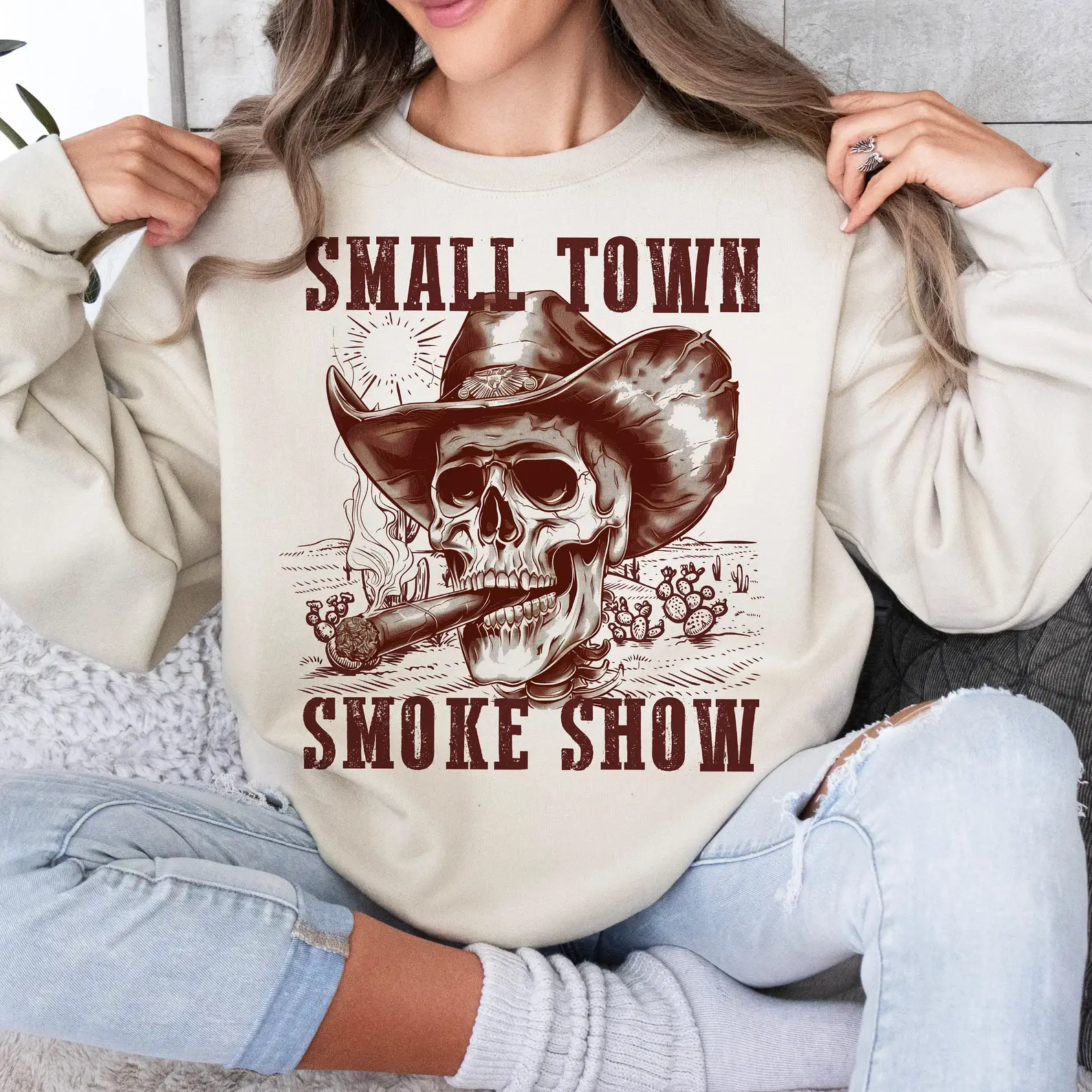 Whiskey & Lace Outfitters /The Longhorn Hippie Co. - Wholesale Graphic Sweatshirt - Women's - Small Town Smoke Show Western Sweatshirts  & Tees    3