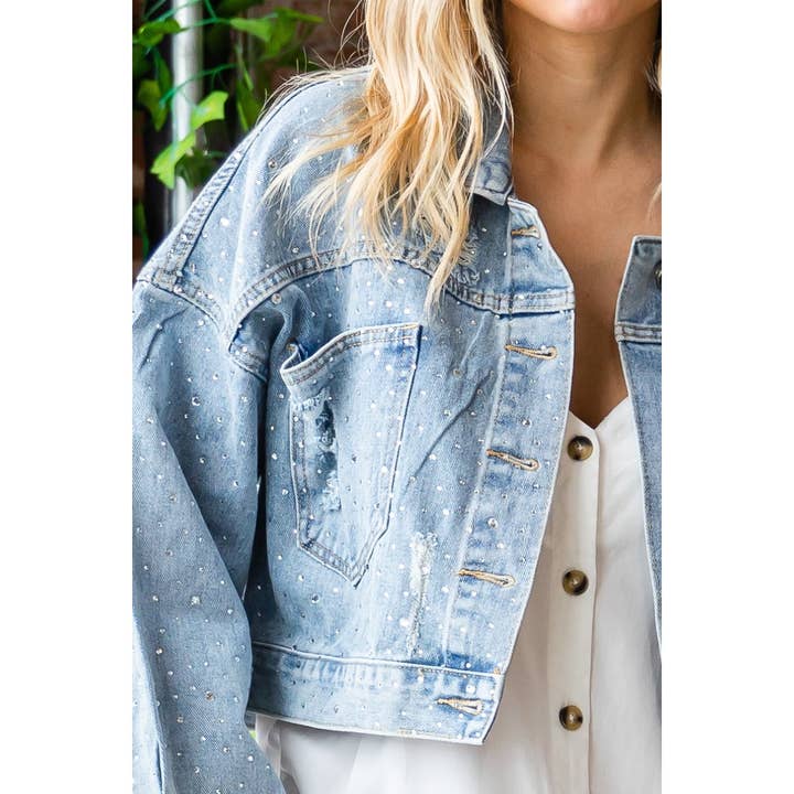 Med Wash Rhinestone Stud Cropped Puff Denim Jacket for wholesale on Faire