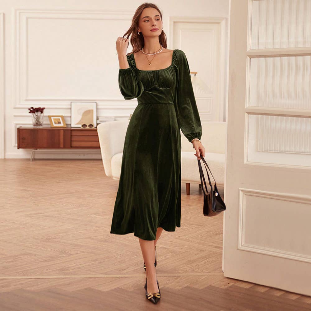 ARMYGREEN FRENCH RETRO SLIM SQUARE NECK A-LINE VELVET DRESS for wholesale on Faire1