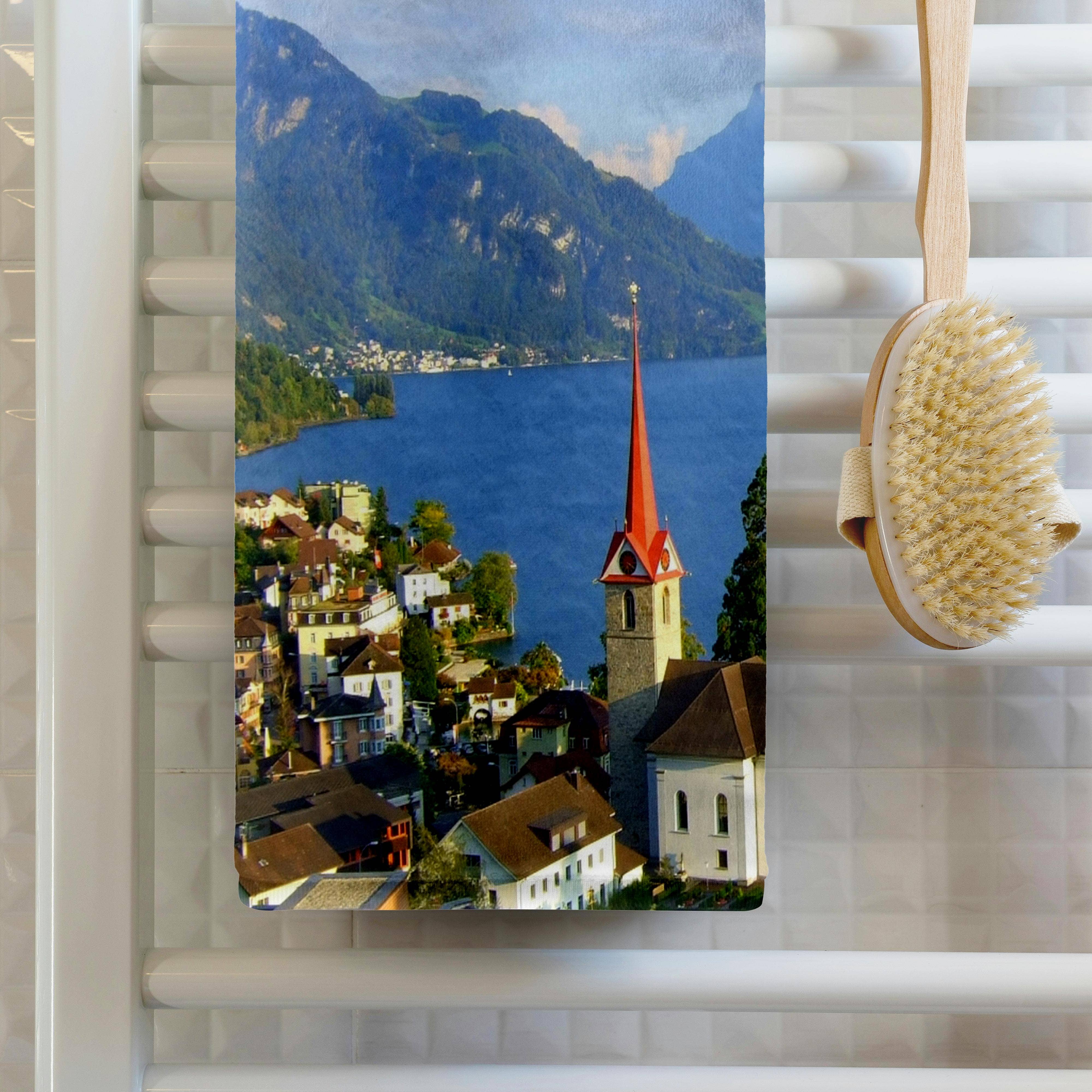 3dRose - Wholesale Bath Towel - 3dRose, Switzerland tourist travel souvenir - Swiss landscape photo of pretty lake town Weggis near Lucerne, Towel1