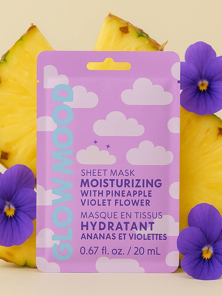 Masque en tissu hydratant à l’ananas et à la fleur de violette pour la vente par Glow Mood