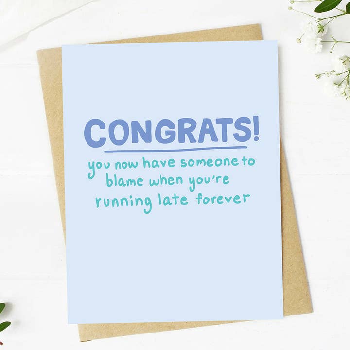 "Someone to blame when you're running late" Wedding Card for wholesale by Big Moods