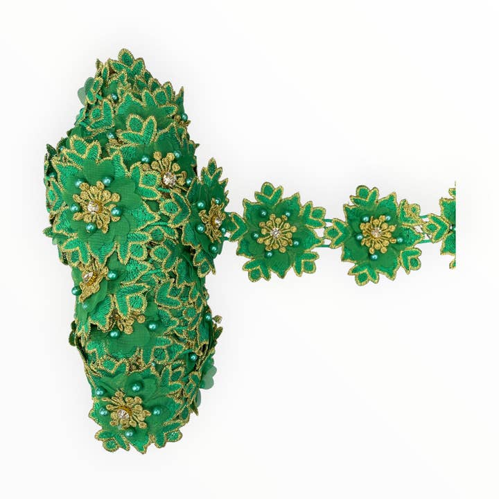 Floral Lace Trimmings - Green / Gold for wholesale by City Fabrics