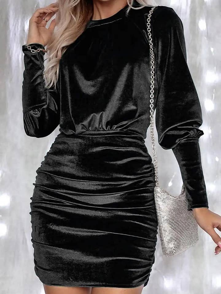 elegant black velvet puff sleeve bodycon dress for wholesale by StyleGalX