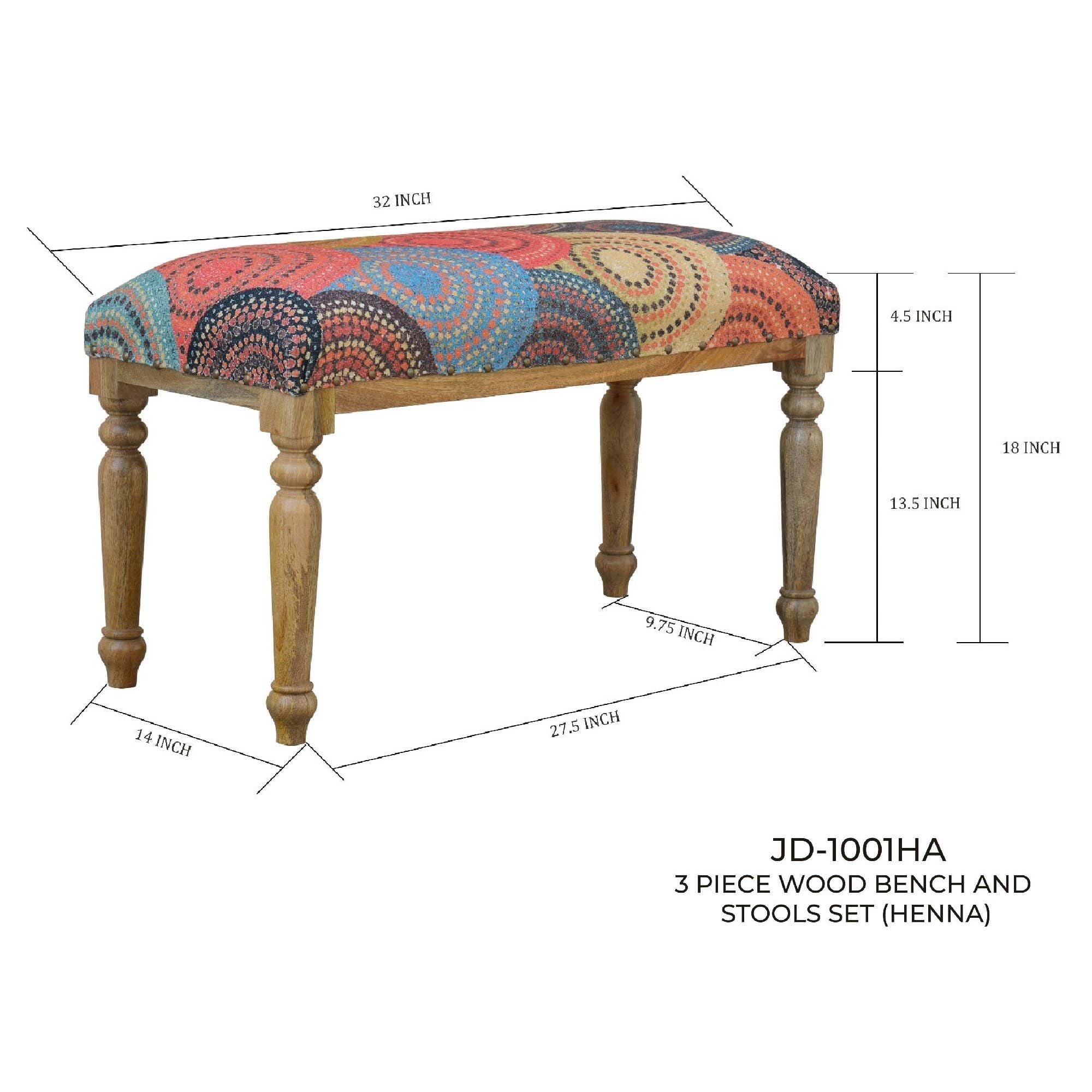 Multi 3 Piece Wood Bench And Stools Set Henna for wholesale on Faire2