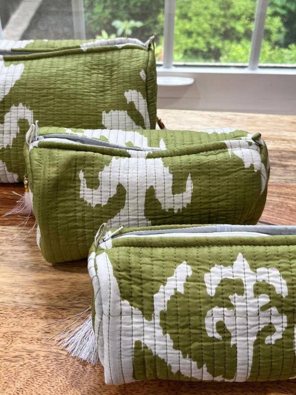 Trousse de toilette imprimée à blocs vert et blanc - Ensemble de 3 pour la vente par AMRANIS