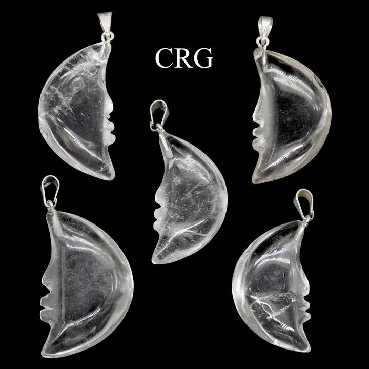 SET OF 5 - Crystal Quartz Half Moon Pendants from Brazil / 35-45mm Avg for wholesale by Crystal River Gems LLC
