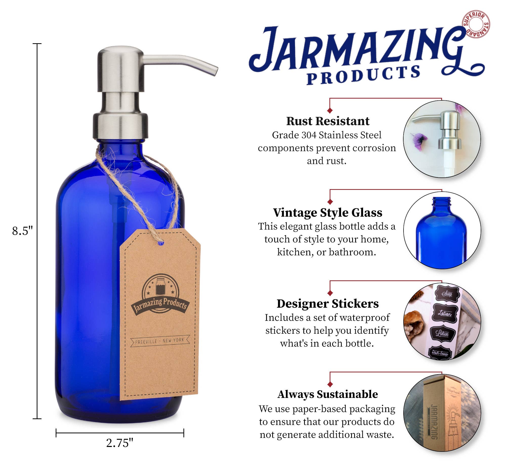 Jarmazing Products - Wholesale Soap Dispenser - Cobalt Glass 16oz Bottle Soap and Lotion Dispenser11