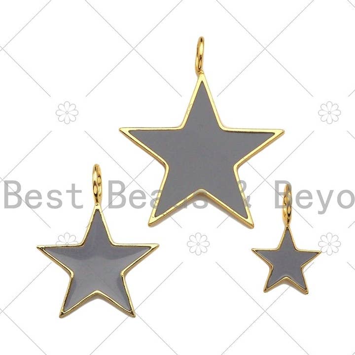 Gray Enamel Five Point Star Pendant with Gold Finish, Grey Enamel Star, Colorful Enamel Star, 14x22/24x31/33x40mm, Sku#FH172 for wholesale by BestBeads&Beyond