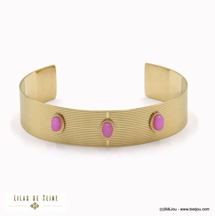 Lilas de Seine - Wholesale Cuff Bracelet - Striped steel bangle bracelet with 3 oval cabochon stone 02221001