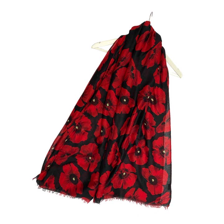 Fashion Scarf World - Wholesale Scarf - Women's - Bold Red Poppy Print Frayed Scarf