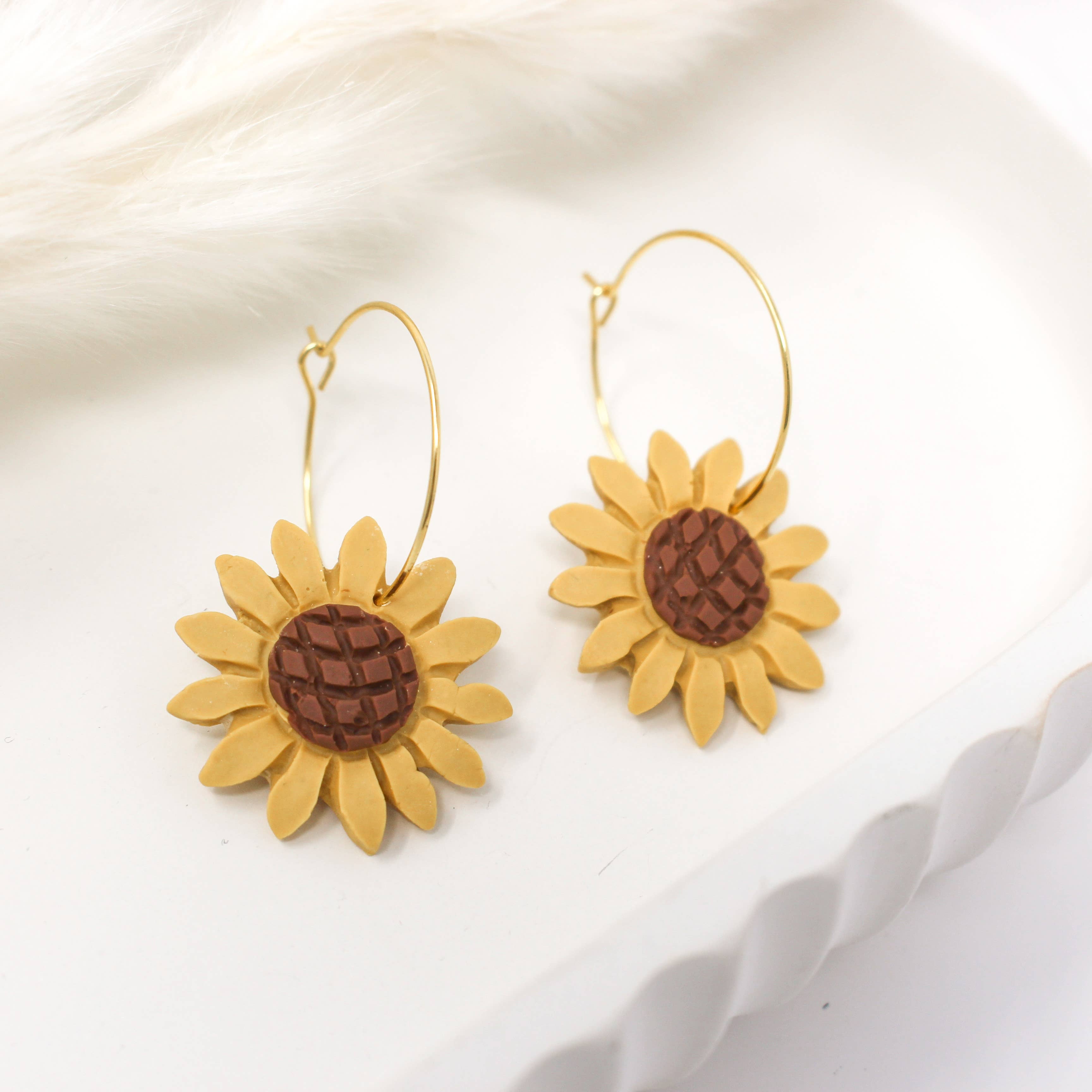 Fern and Arrow co. - Wholesale Dangle Earrings - Alexis- Polymer clay sunflower dangle hoop earring