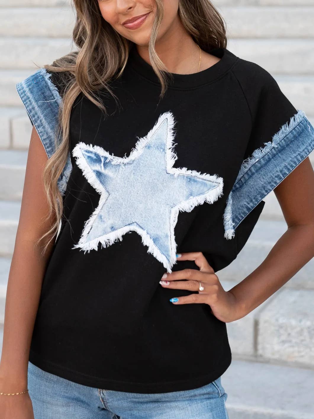 Rosa Clothing - Wholesale T-Shirt - Women's - Edgy Denim Star Patch Trim Sleeve Short-Sleeve Top