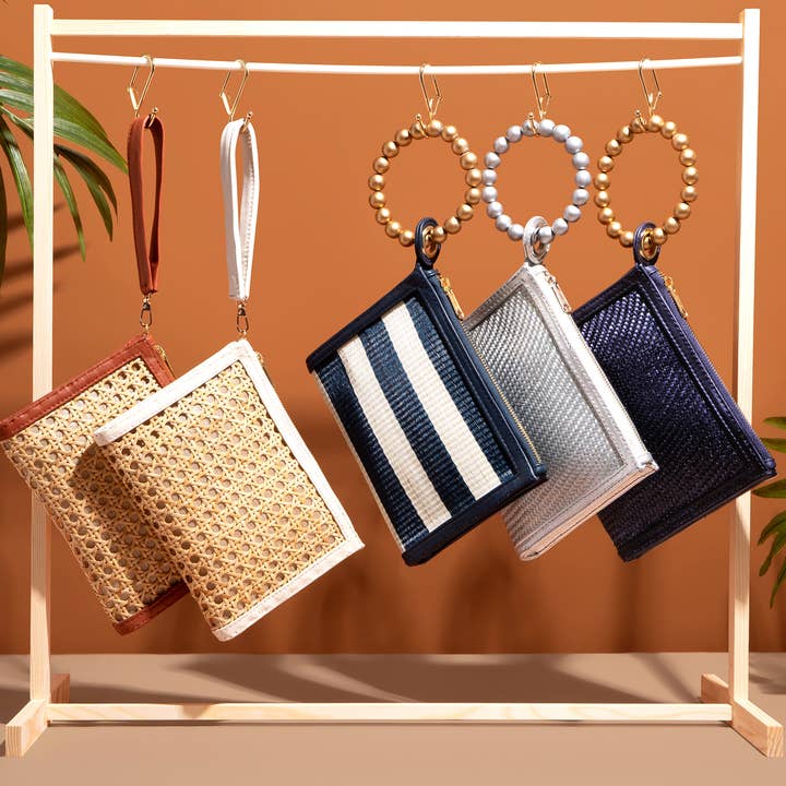 Soli & Sun - Wholesale Wristlet - Navy Blue Stripe Woven Straw Wristlet Pouch | Summer Style
