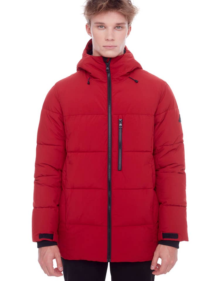 BANFF | MEN'S VEGAN DOWN (RECYCLED) MID-WEIGHT QUILTED PUFFER JACKET, DEEP RED for wholesale by Alpine North CA