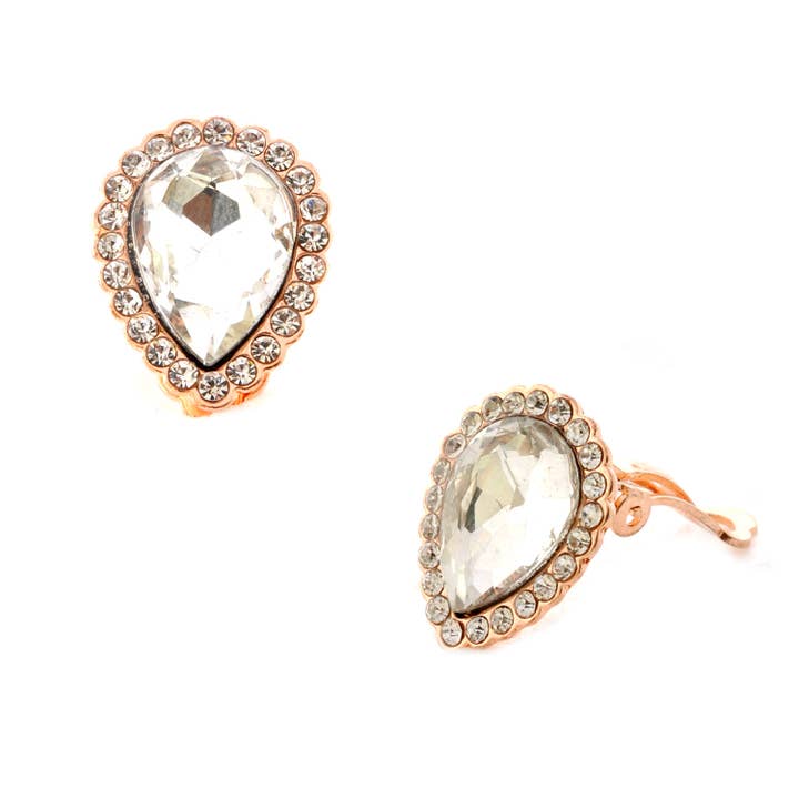 Cool Crystals - Wholesale Clip-On Earrings - Fashion Jewelry Rose Gold Oval Clip On Earrings