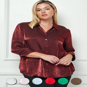 Button Sleeve Detail Womens Big Size Shirt - Red - Wholesale