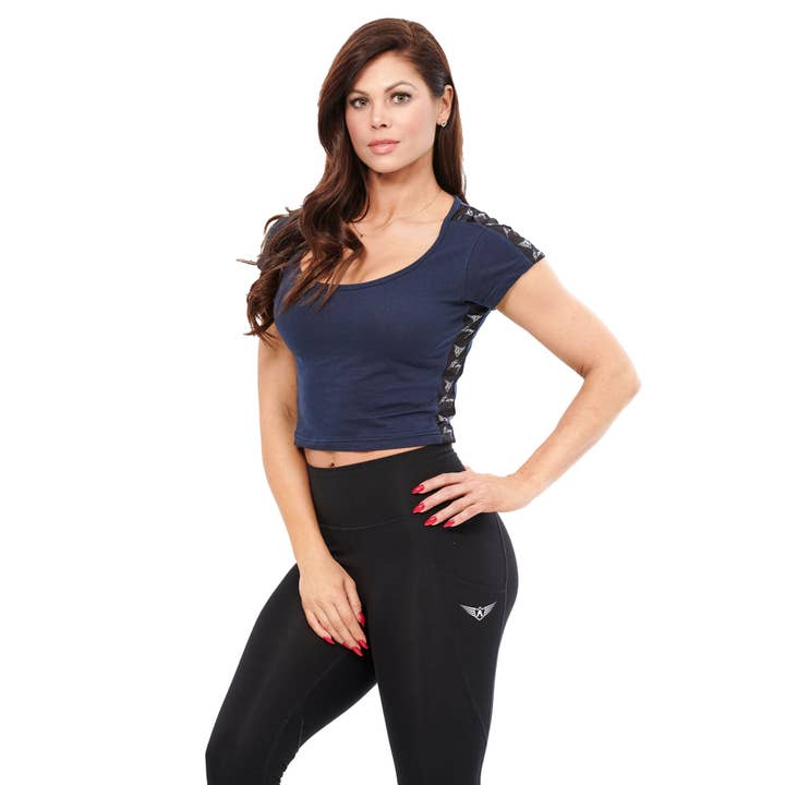 Nirva Stripe Short Sleeve Crop Top - Navy Blue for wholesale by FIT ARMY